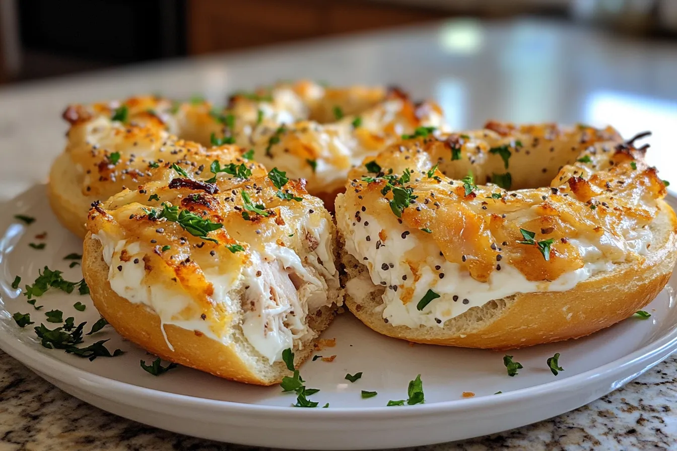 Toasted bagel filled with scrambled eggs, sausage patty, and melted cheese