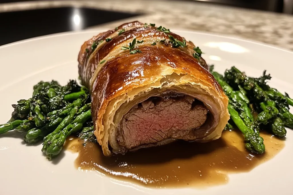 Delicious beef wellington on a plate with sauce and asparagus.