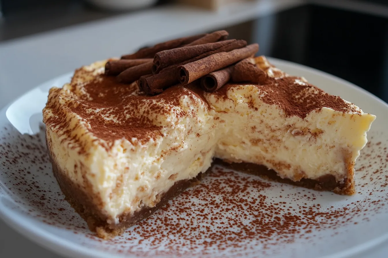 A slice of Cinnamon Roll Cheesecake with creamy layers and cinnamon swirls, garnished with whipped cream.