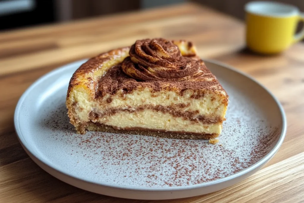 Cinnamon roll cheesecake with a golden crust and rich cinnamon filling swirls