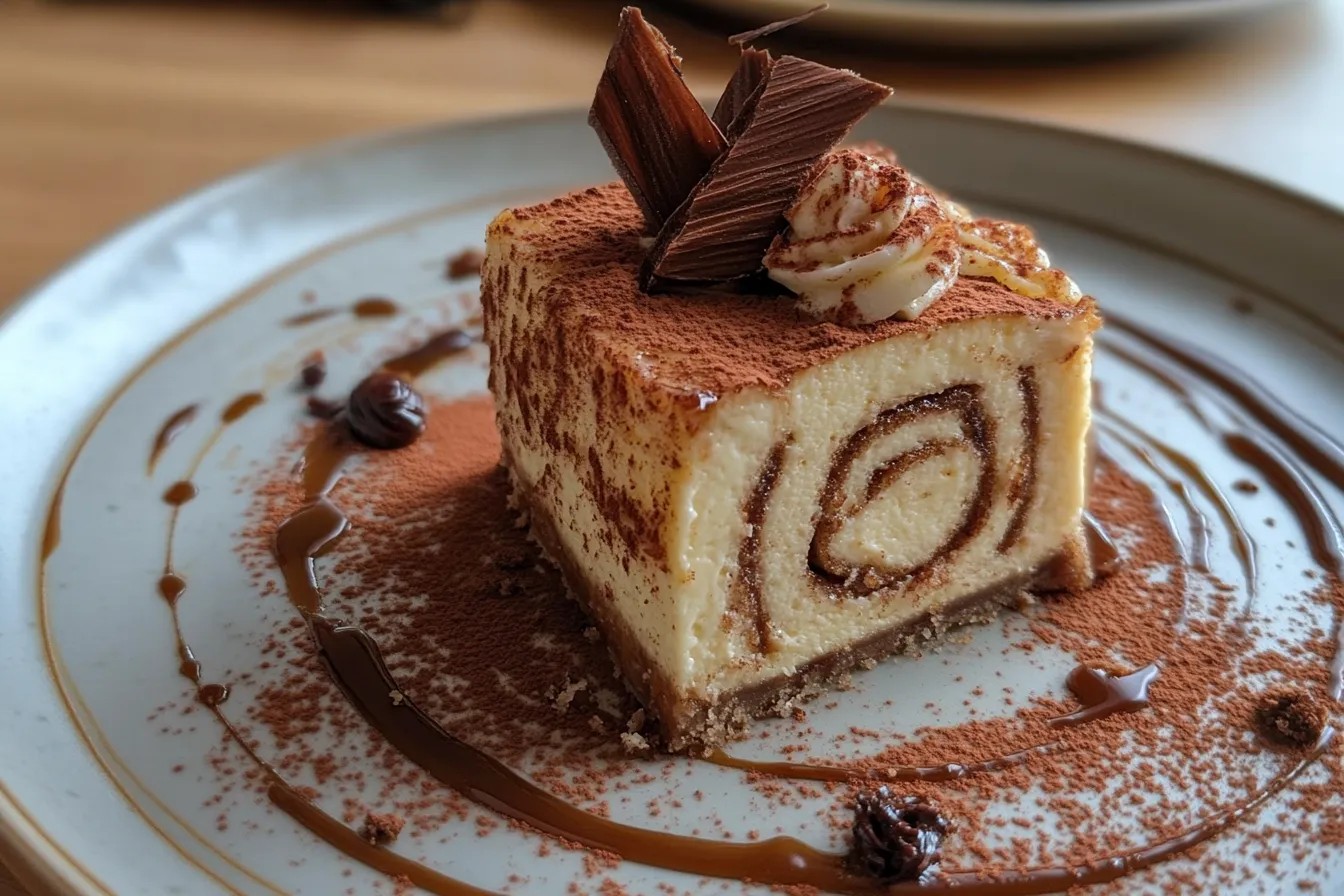 Close-up of a cinnamon roll cheesecake with creamy layers and a swirled cinnamon topping