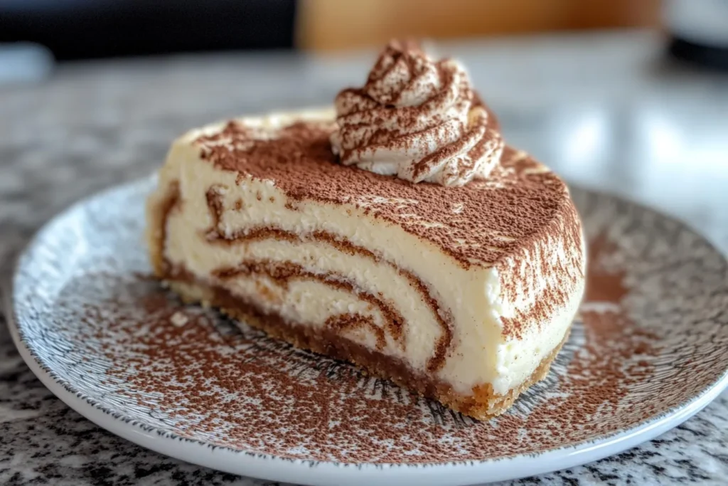 Close-up of a cinnamon roll cheesecake with a swirl pattern and drizzled icing