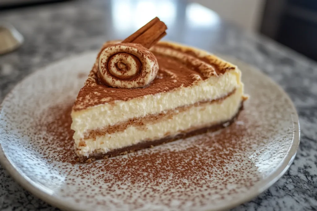 Decadent cheesecake infused with cinnamon roll flavors on a graham cracker crust.