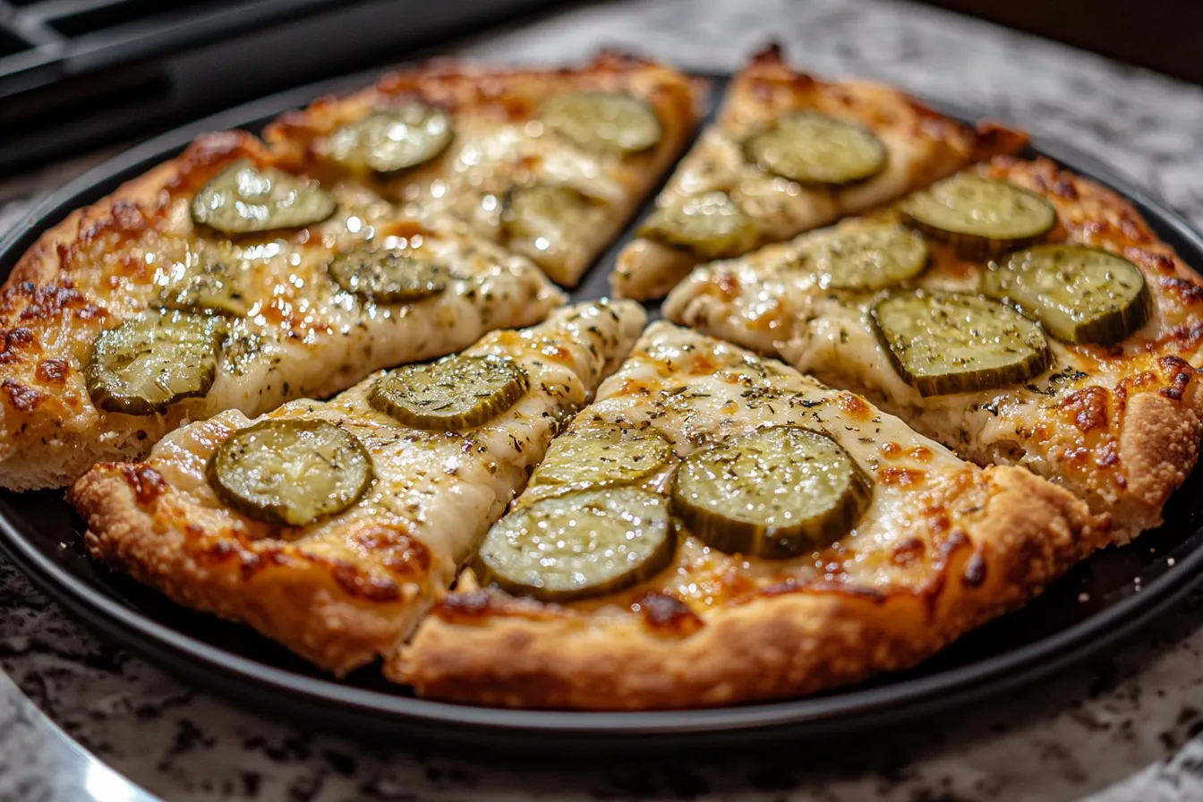 Cut Pickle Pizza on a plate