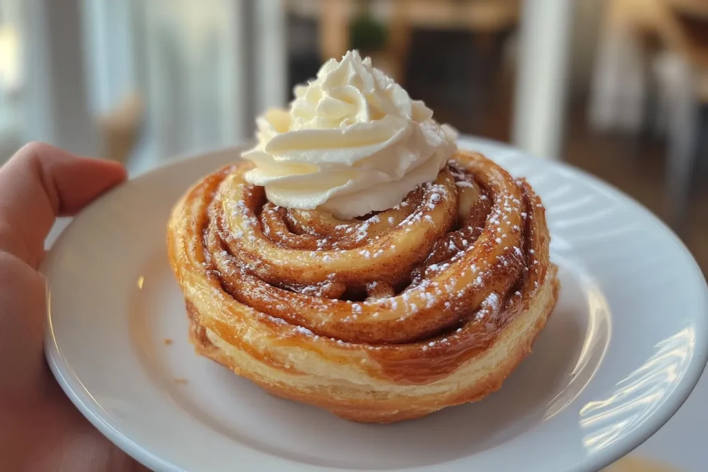 Whole cinnamon roll cheesecake on a wooden table with a cream cheese glaze topping.