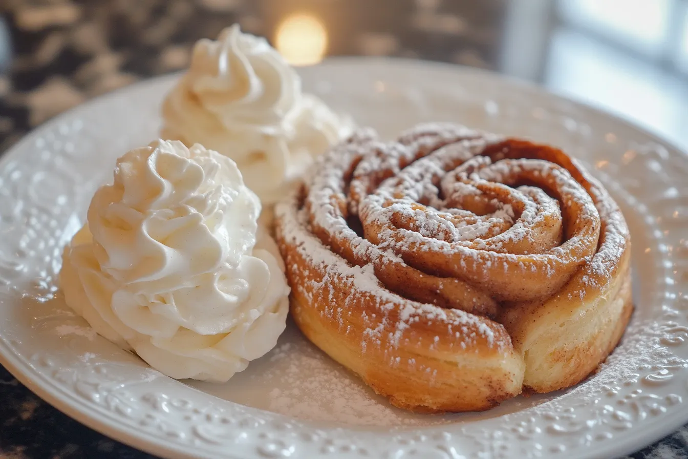 A creamy cinnamon roll cheesecake topped with swirls of cinnamon and cream cheese frosting