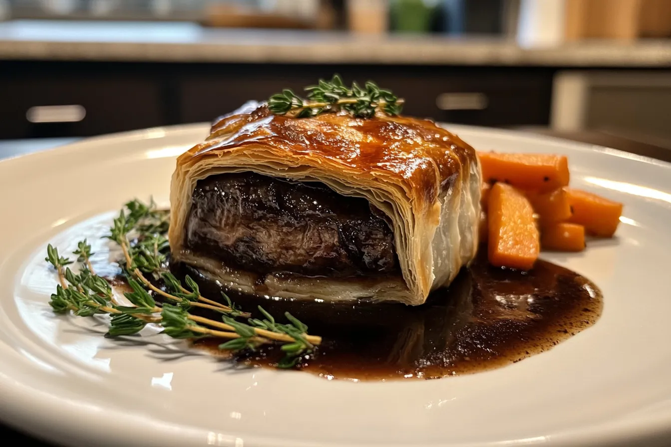 Close-up of a sliced Beef Wellington showcasing the flaky pastry, prosciutto, and medium-rare beef.