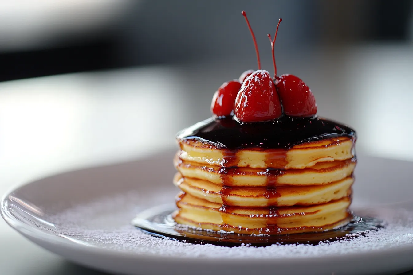 Delicious Mini Pancakes with maple cirup and strawberry on top.