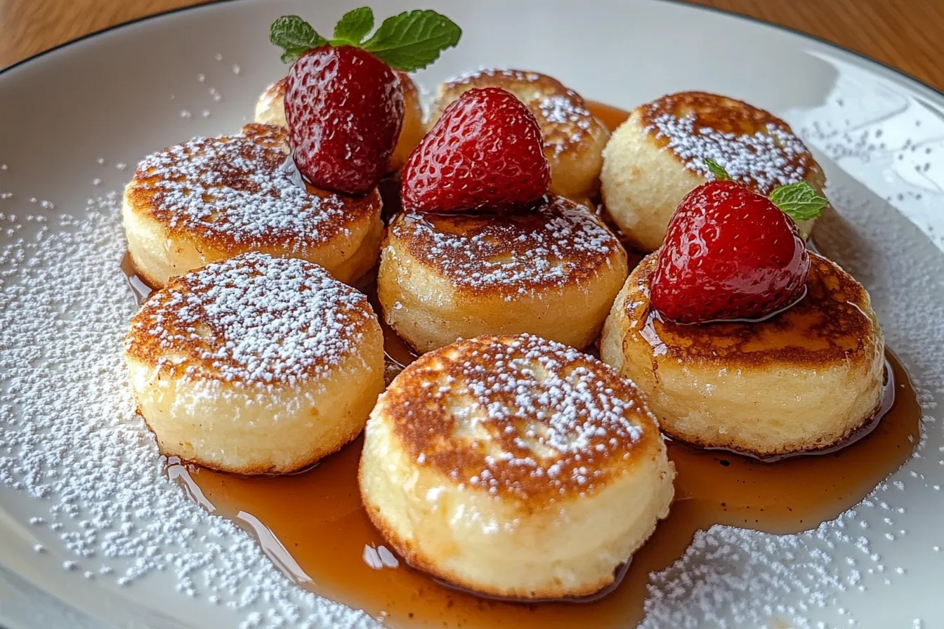 Mini pancake with sugar sirup and strawberry on top.