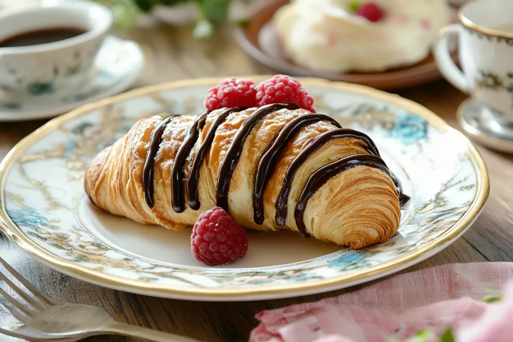 Golden-brown chocolate croissant paired with a cup of coffee on a rustic table