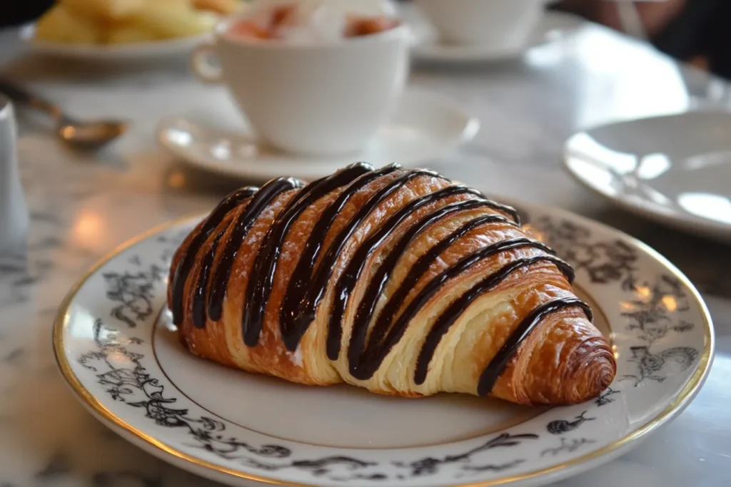 Chocolate croissant resting on a white napkin, with melted chocolate oozing from the center.