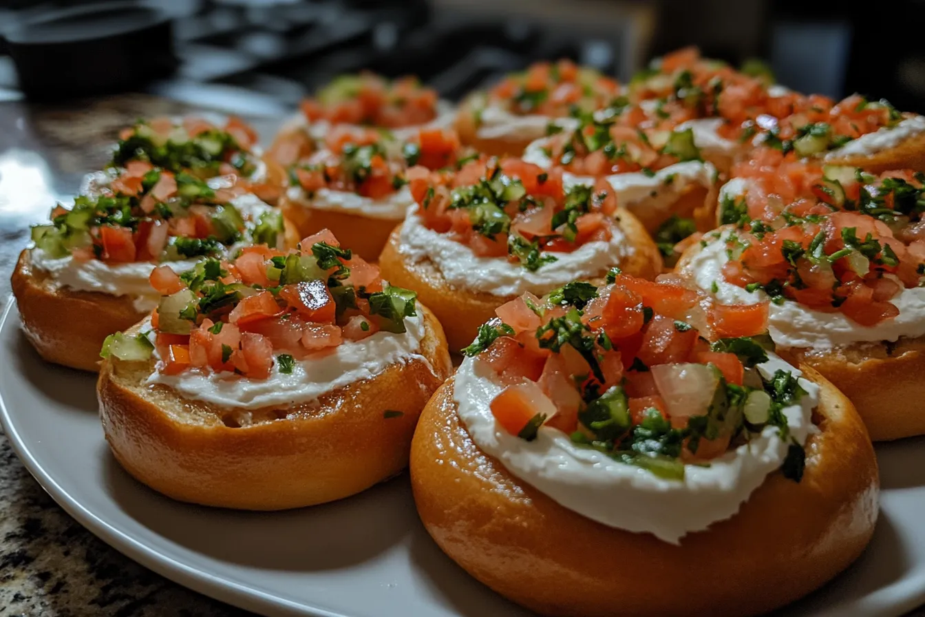 An assortment of bagels with various cream cheese flavors and toppings on display