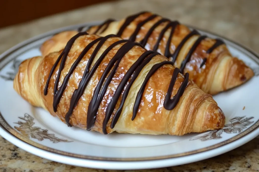 Close-up of a chocolate croissant on a wooden plate, showcasing its crispy layers.