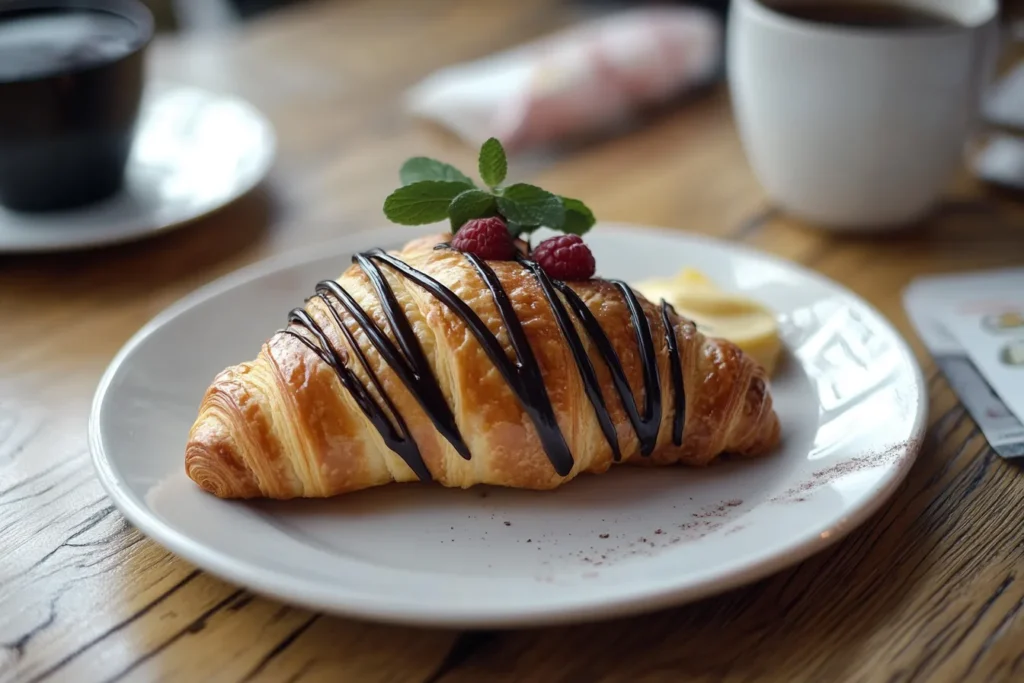 Delicious chocolate croissant dusted with powdered sugar, ready to be served.