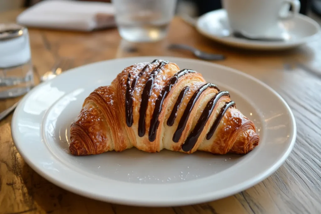 Stack of warm chocolate croissants with a crispy crust.