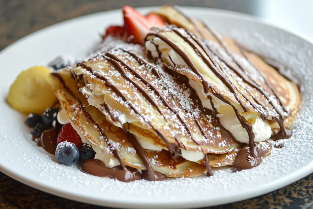 Delicate crepes topped with artistic chocolate drizzle