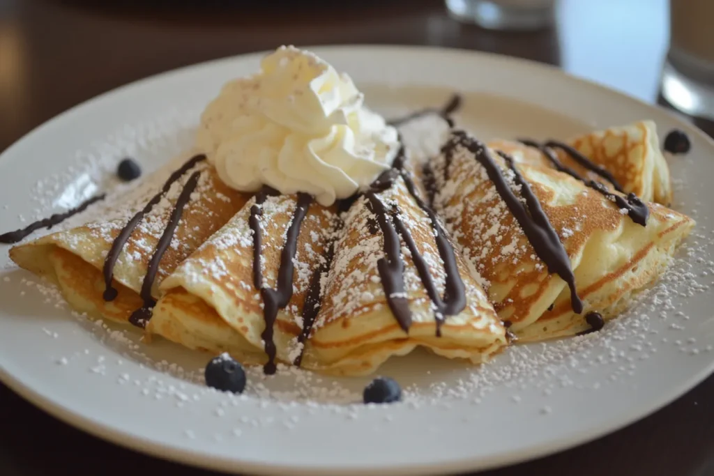 Crepes with chocolate stripes served for a sweet dessert
