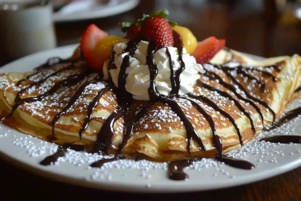Close-up of crepes garnished with a decadent chocolate drizzle