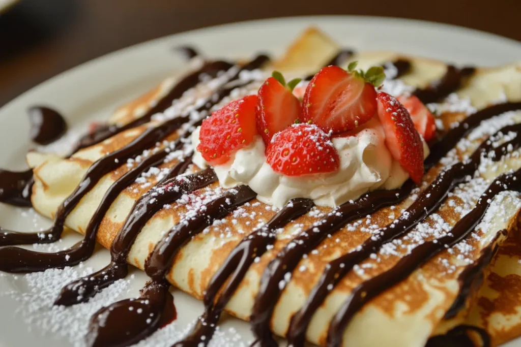 Thin crepes folded and filled with chocolate spread, garnished with strawberries