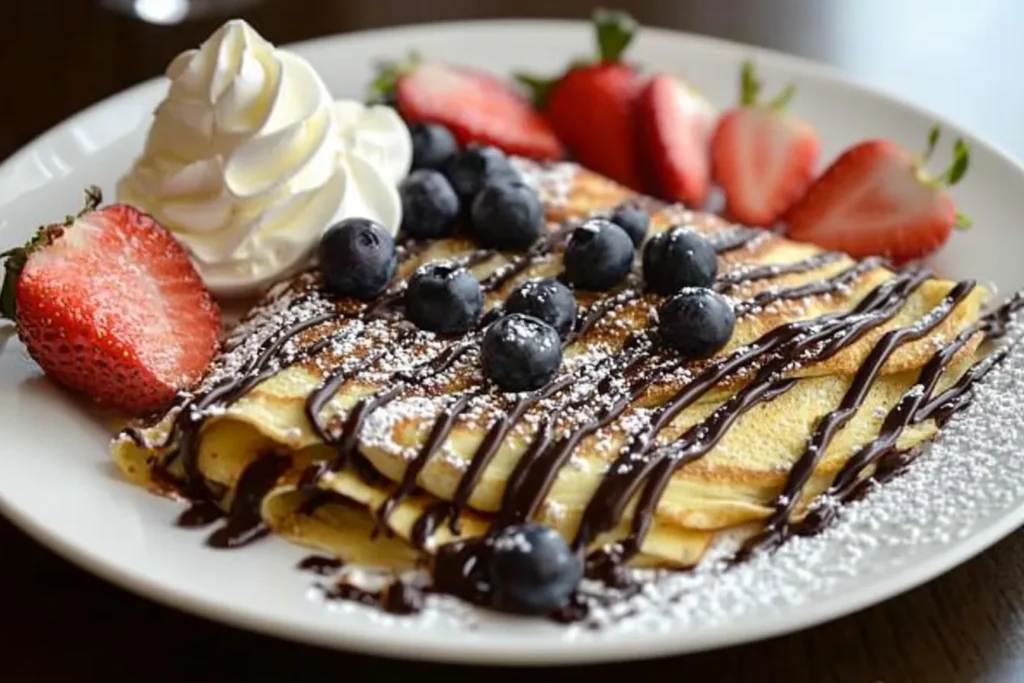 Stack of golden-brown crepes on a plate with a drizzle of maple syrup