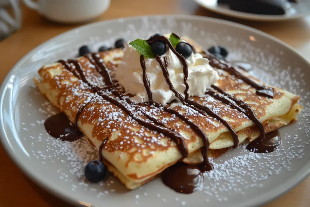 Crepes being cooked on a hot skillet with a spatula spreading the batter evenly