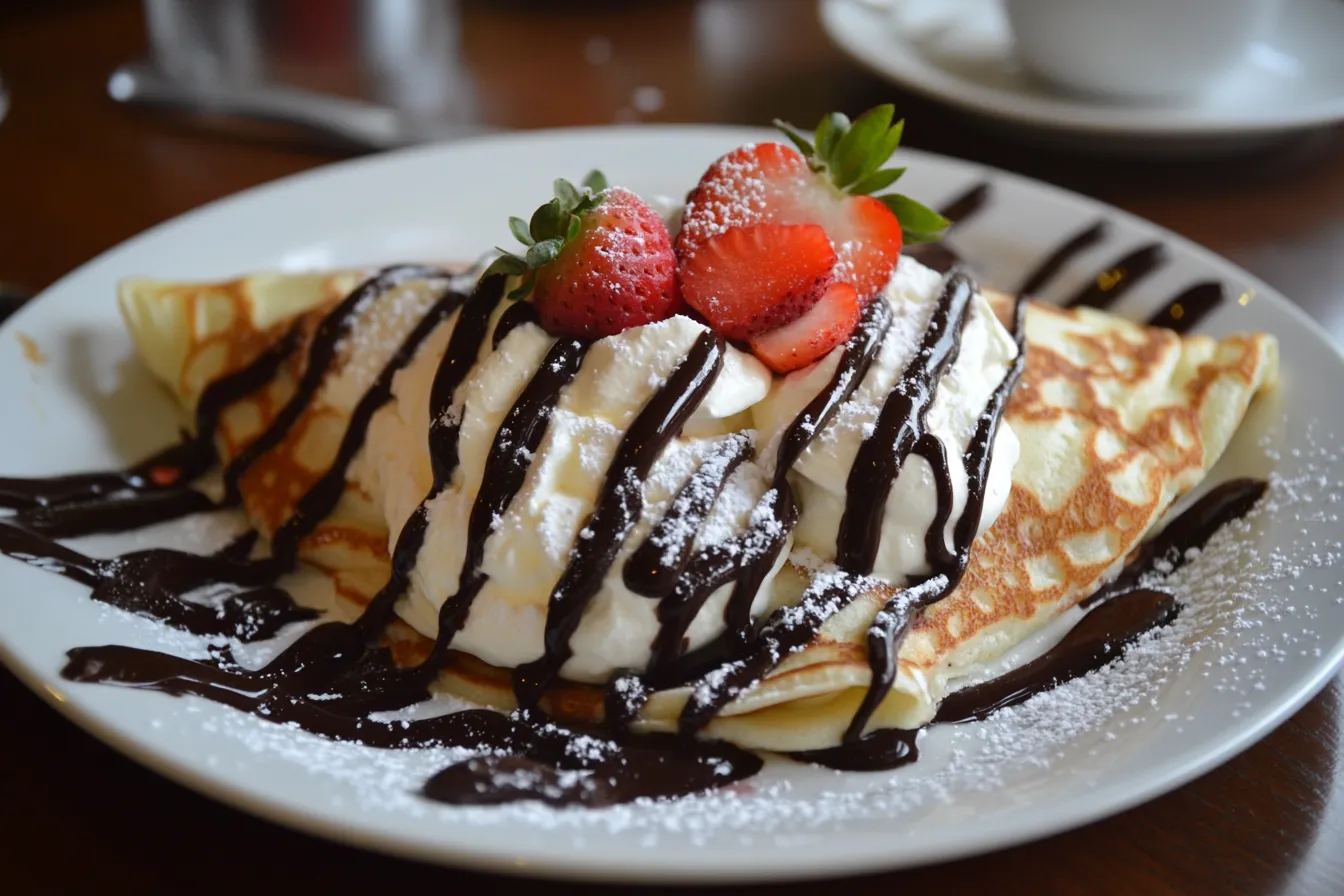 A crepe folded and filled with whipped cream, garnished with strawberries, and drizzled generously with chocolate syrup on a white plate