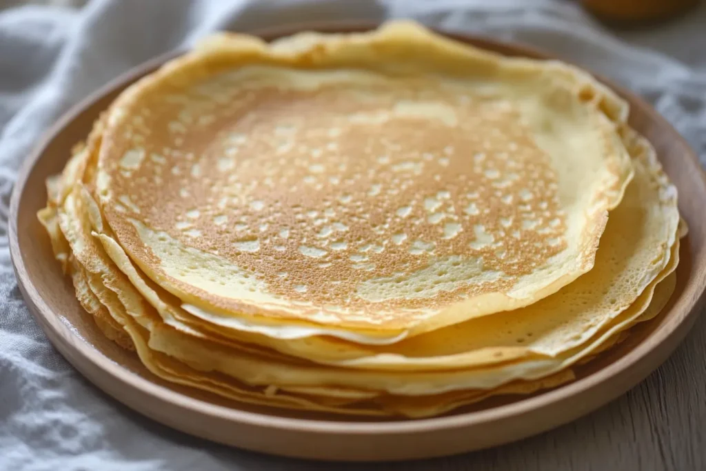 A stack of plain golden crepes neatly arranged on a wooden plate