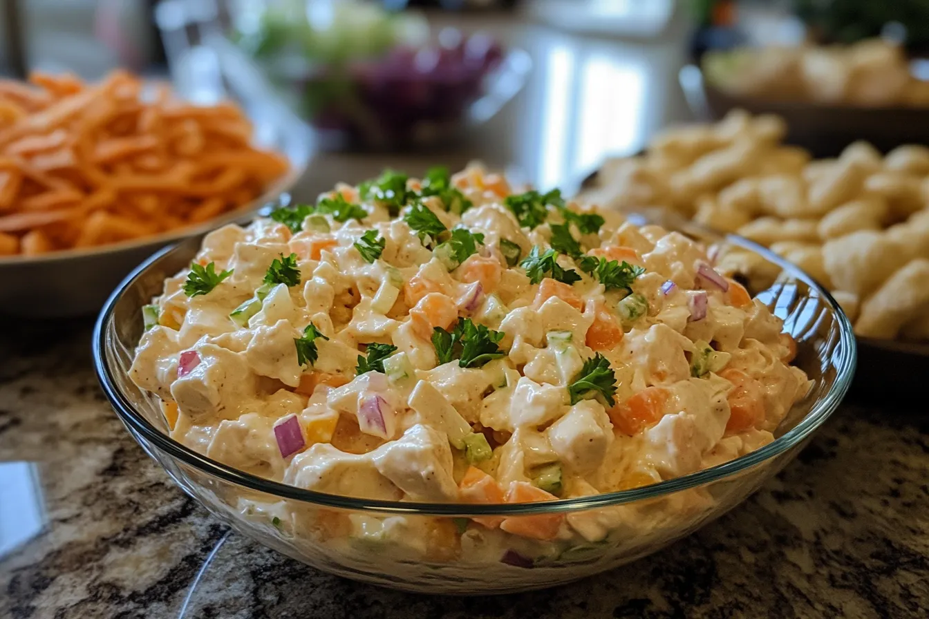 A fresh chicken salad served in a bowl with diced chicken, crunchy vegetables, and a light dressing.