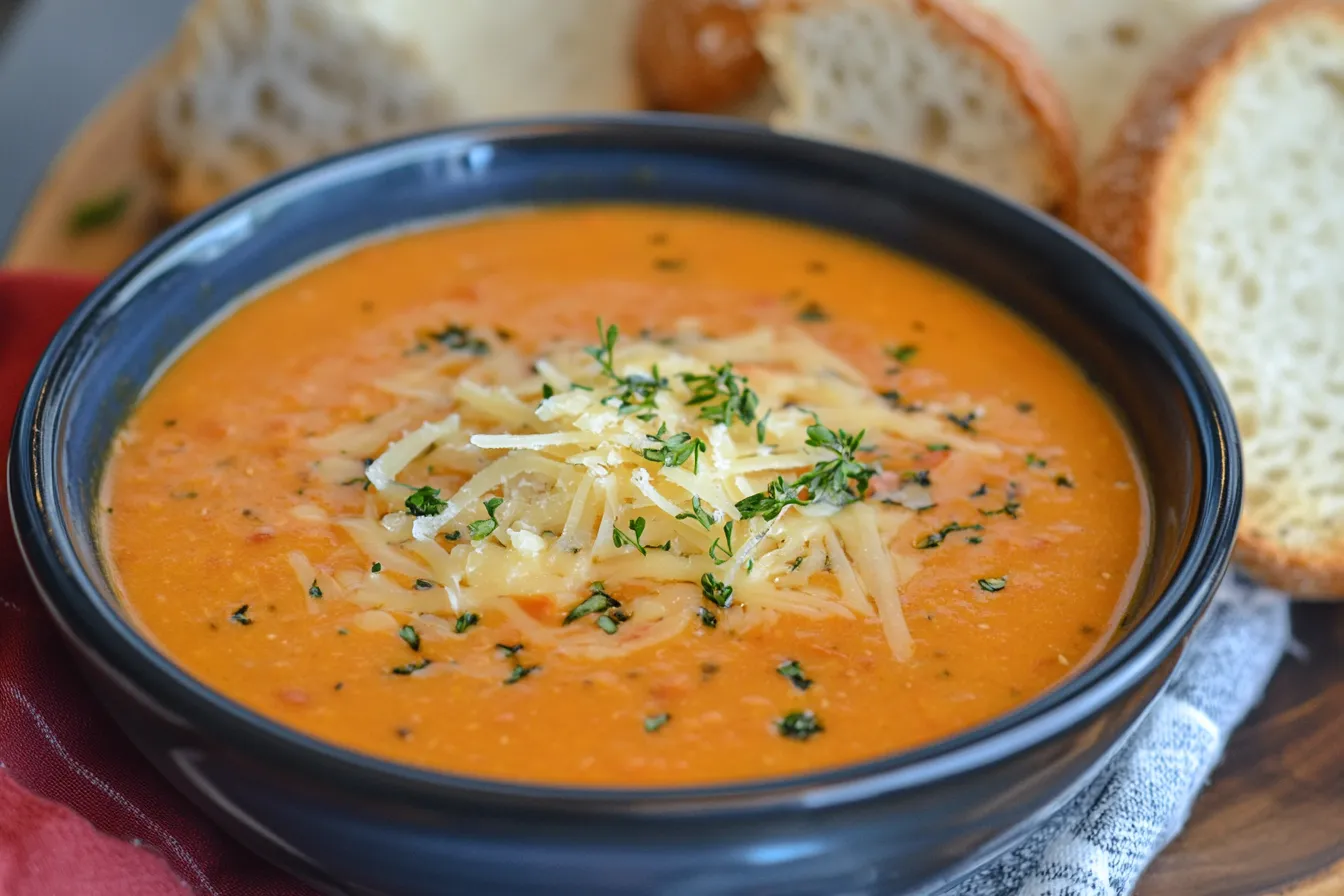 A bowl of creamy red lentil soup garnished with shredded cheese and fresh thyme, accompanied by crusty bread on the side.