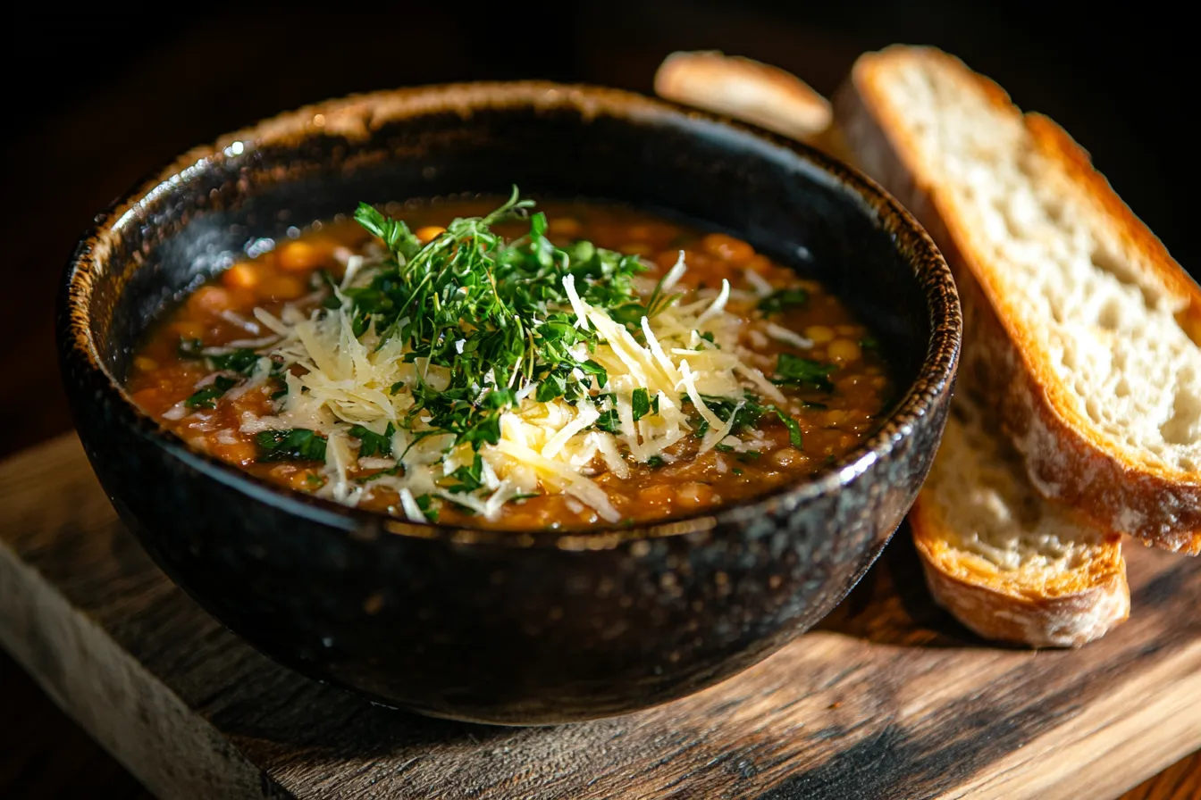 A rustic-style bowl of red lentil soup, garnished with fresh parsley and grated Parmesan cheese, surrounded by slices of artisan bread.