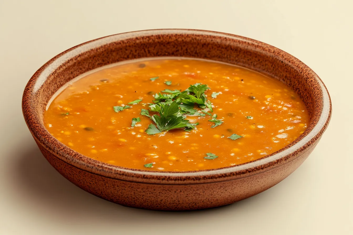 The dish in the image looks like a lentil or chickpea curry, garnished with fresh cilantro. It's likely flavored with spices like turmeric, cumin, or coriander, typical in South Asian or Middle Eastern cuisine.