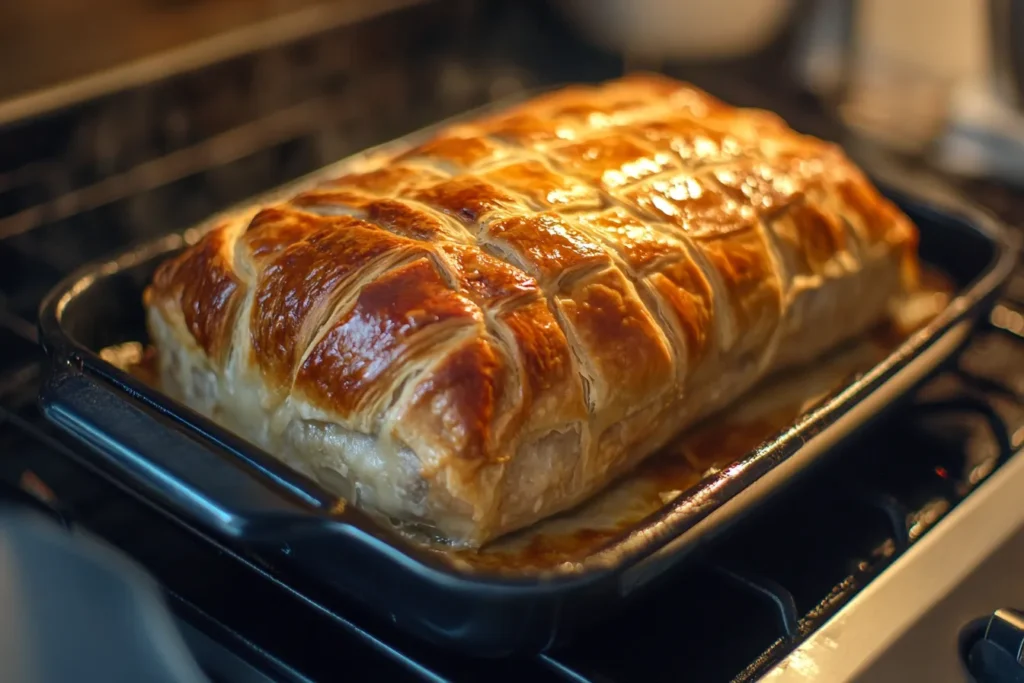 A fully baked Beef Wellington in a baking dish, with a beautifully browned lattice-patterned puff pastry crust fresh out of the oven.
