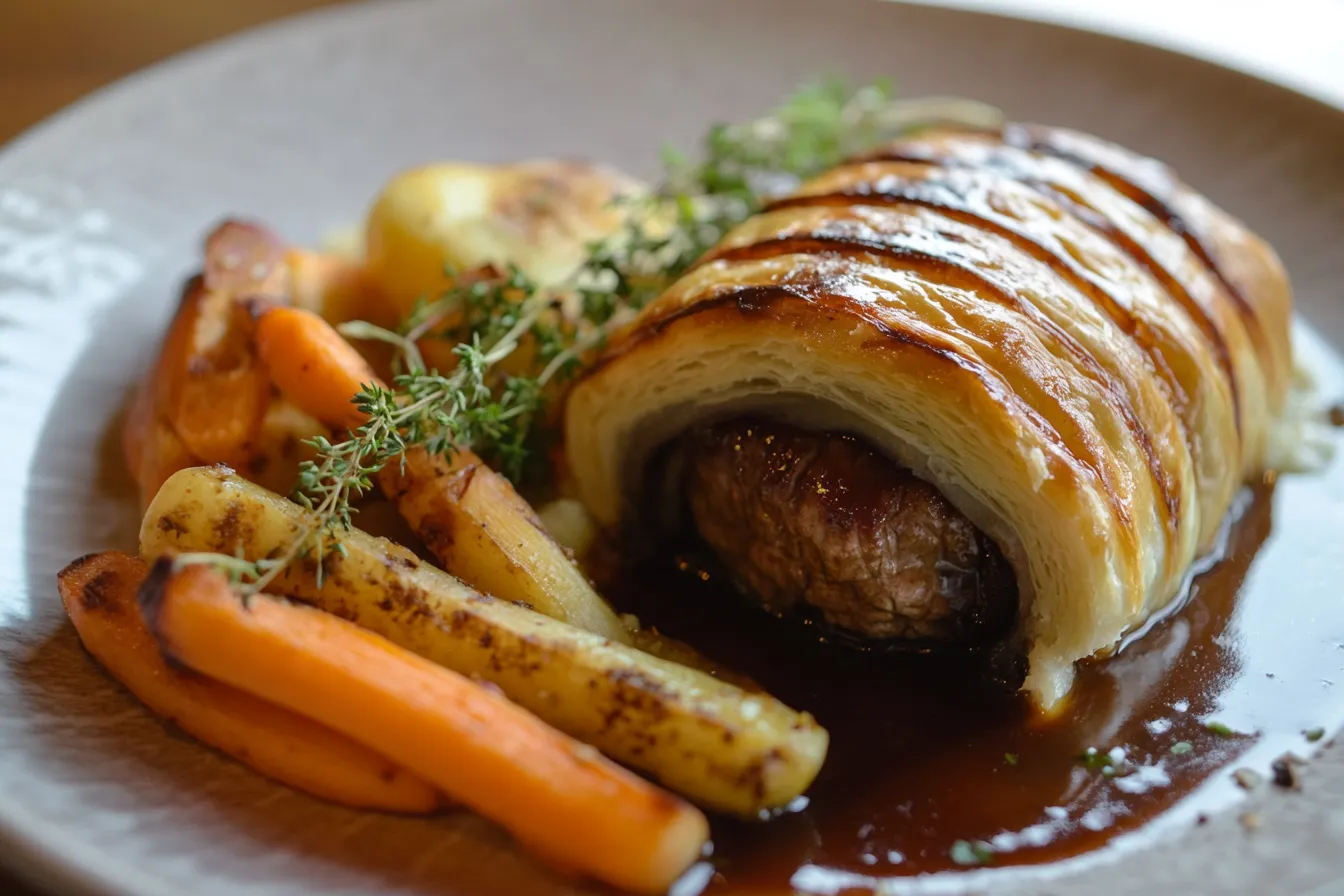 Sliced Beef Wellington with a shiny, golden puff pastry crust, accompanied by roasted carrots, parsnips, and garnished with sprigs of thyme and a rich brown sauce.