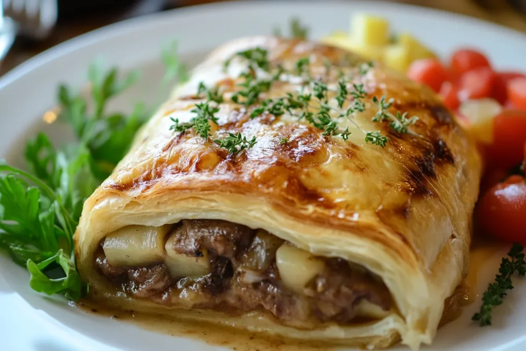 Whole Beef Wellington with a golden crust, sliced open to reveal layers of beef and mushroom duxelles, served alongside cherry tomatoes, potatoes, and fresh greens.