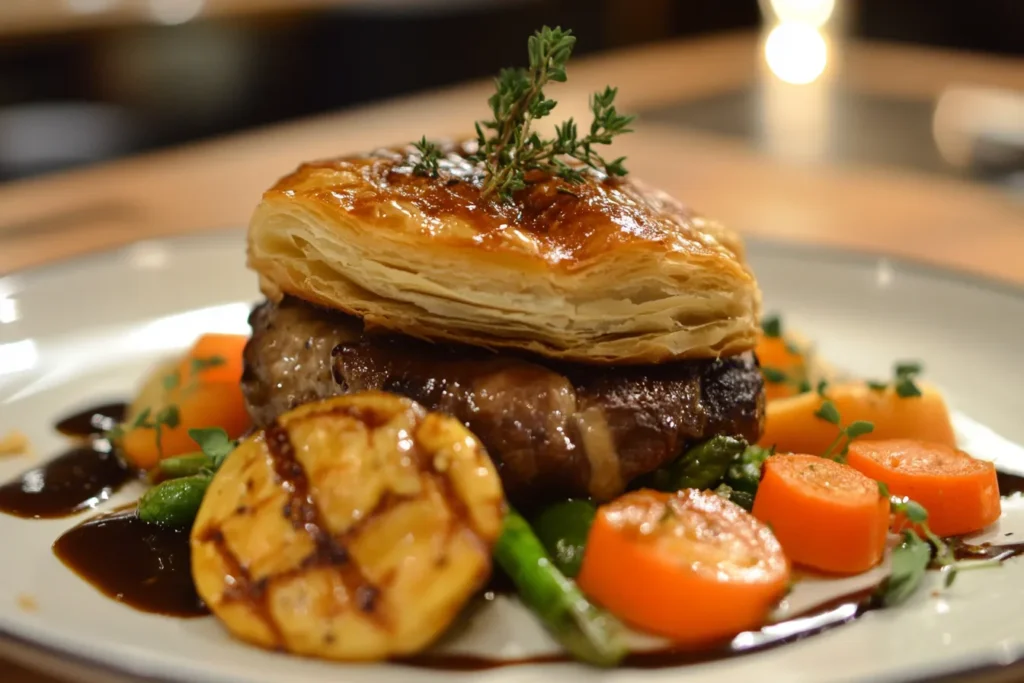 Close-up of a Beef Wellington slice with flaky golden puff pastry, tender beef, and a side of grilled vegetables including carrots and asparagus, garnished with fresh thyme.