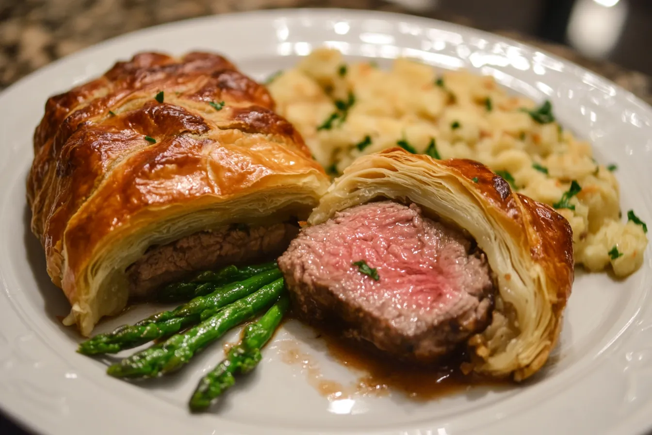 A sliced Beef Wellington showcasing the tender, pink beef inside a golden puff pastry, served with asparagus and mashed potatoes