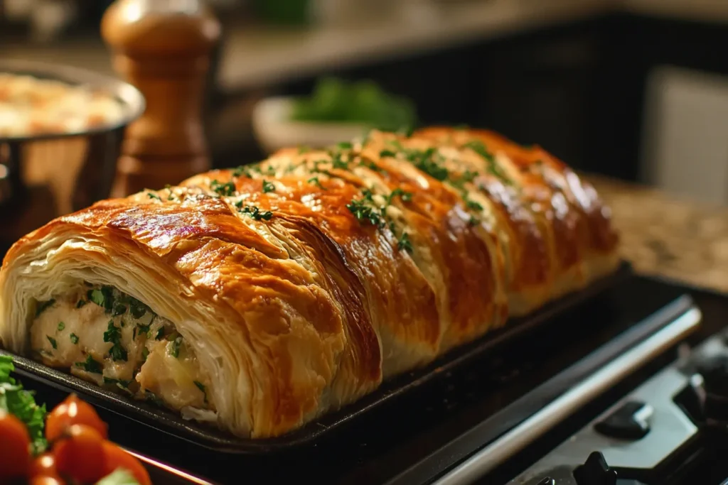 A beautifully baked Beef Wellington with a golden, flaky puff pastry crust, garnished with fresh herbs, served on a stovetop tray