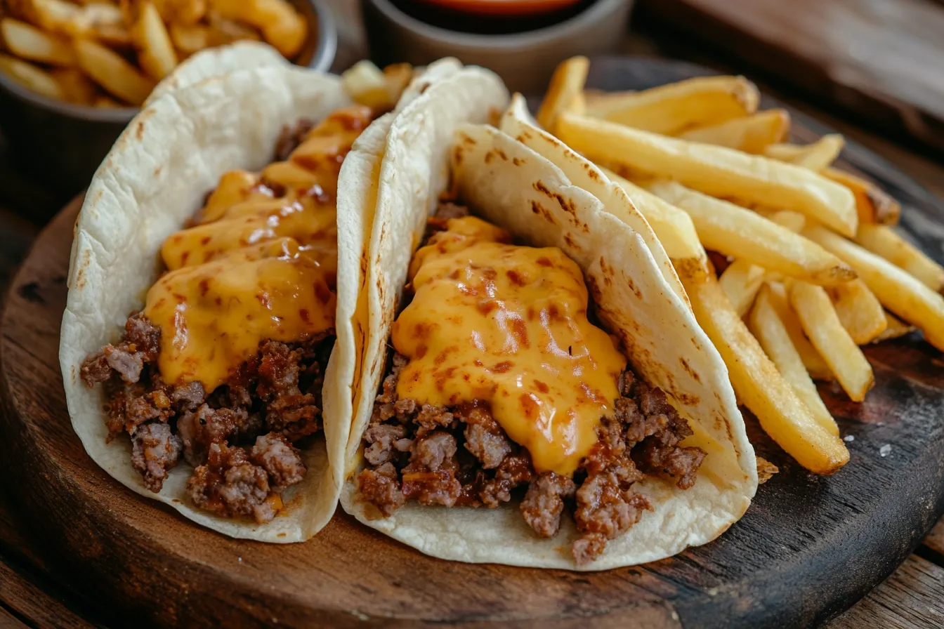 Two French tacos filled with ground beef and melted cheese, accompanied by golden French fries on a wooden serving board.