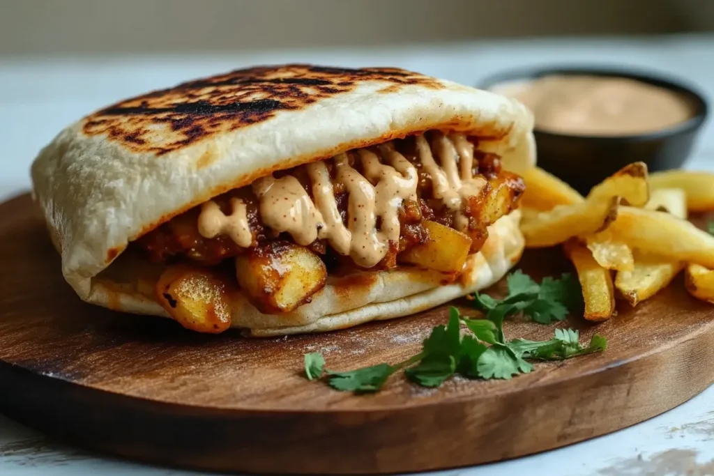 A pressed French taco with a golden-brown tortilla, stuffed with seasoned meat, cheese sauce, and fries, garnished with fresh parsley and served with dipping sauce and fries.
