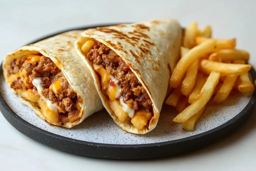 A close-up of two French tacos filled with ground beef, cheese sauce, and fries, neatly presented on a plate with a side of fries.