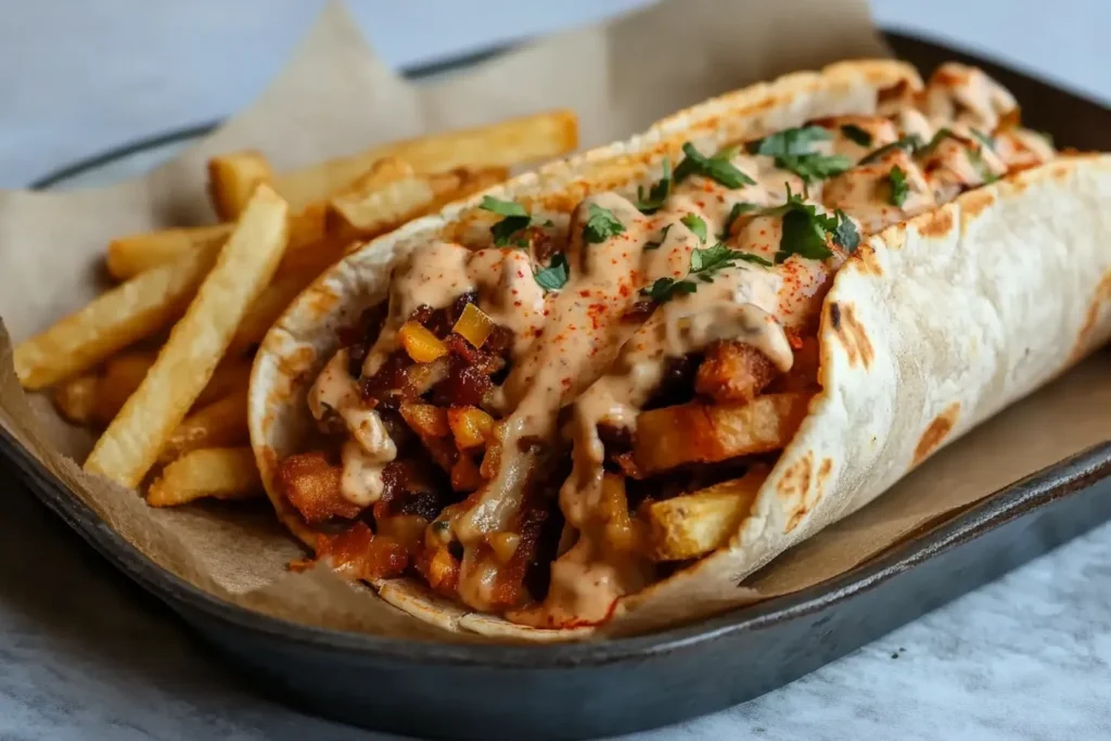 A generously stuffed French taco with vibrant toppings, including melted cheese, vegetables, and fries, drizzled with a creamy sauce, accompanied by a side of fries.