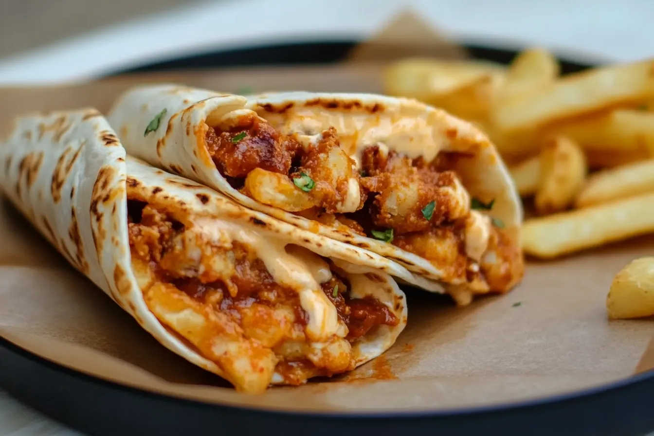 A French taco filled with seasoned chicken, creamy cheese sauce, and crispy fries, cut in half and served with a side of golden fries.