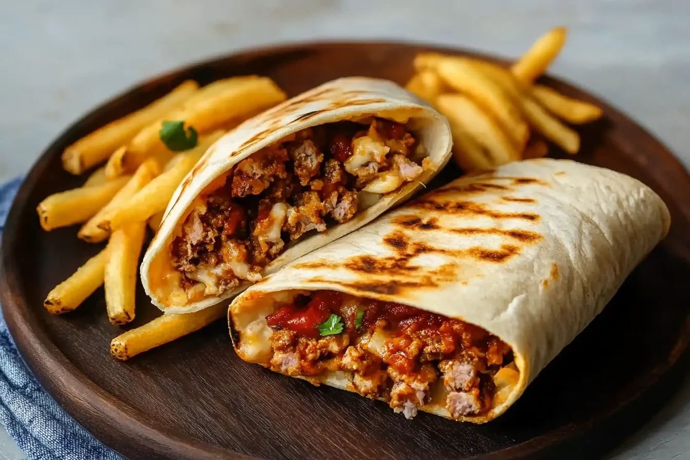 A sliced French taco revealing its filling of meat, cheese, and fries, served with crispy golden fries on a wooden platter