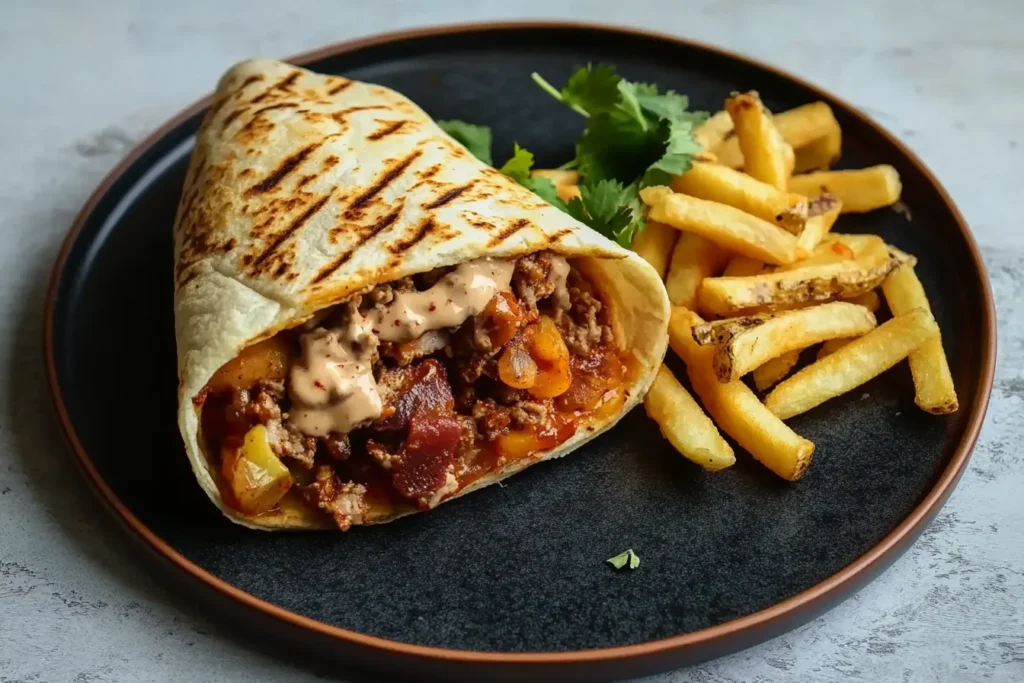 A grilled French taco with a crispy outer layer, stuffed with saucy meat and fries, served on a plate with fries and fresh herbs