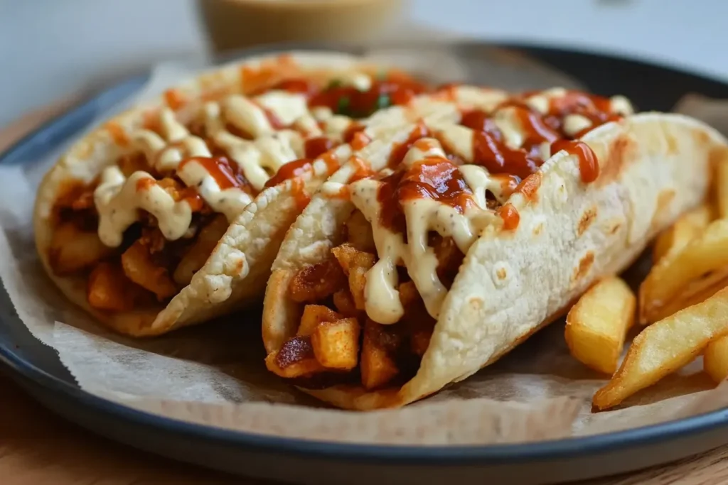 Two open French tacos filled with meat, fries, and drizzled with creamy and spicy sauces, served with fries on the side