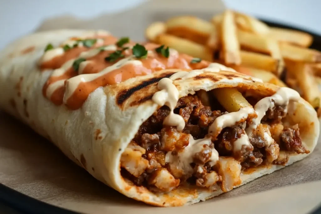 A French taco filled with ground meat, cheese, fries, and topped with creamy sauces, served alongside a portion of fries.