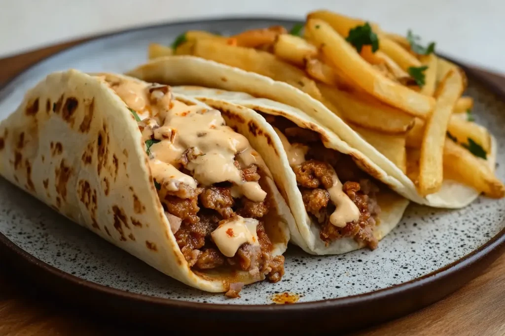 A tortilla wrap brimming with fries and meat, topped with creamy drizzles and served with fries and sauce, prompting the thought: Are French Tacos Healthy?
