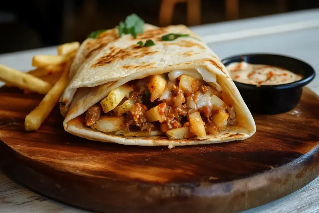 Sliced French tacos showcasing a filling of meat, fries, and sauce, paired with fries and a red dipping sauce, raising the inquiry: Are French Tacos Healthy?
