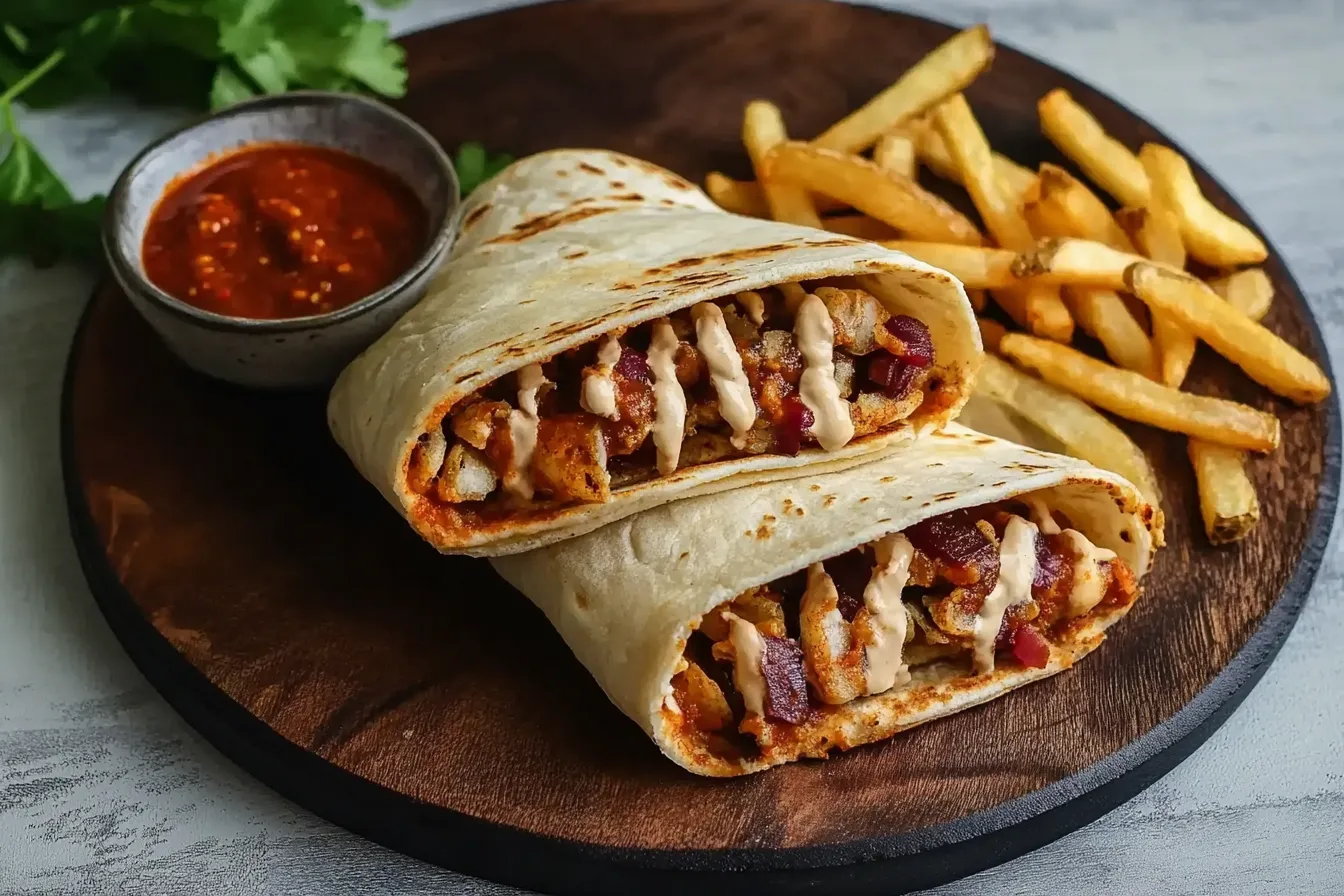 A grilled French taco stuffed with meat, fries, and cheese sauce, accompanied by a side of dipping sauce and fries, inviting a discussion on Are French Tacos Healthy?