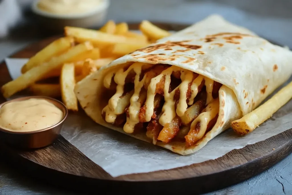 A plate featuring French tacos filled with seasoned meat and creamy sauce, served with crispy French fries, sparking the question: Are French Tacos Healthy?